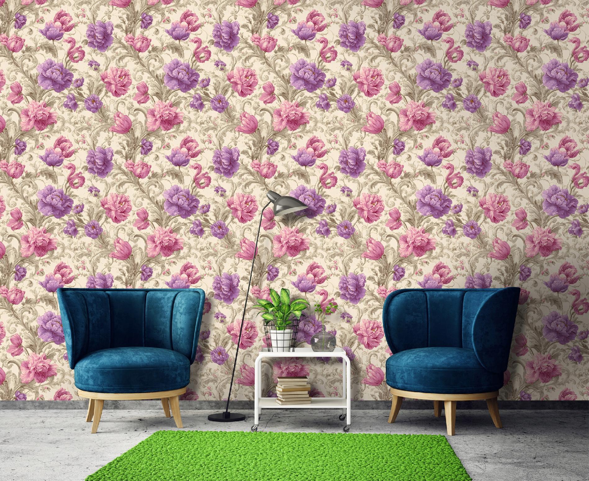 Pink flowers wallpaper on non-woven fabric for living room and bedroom walls