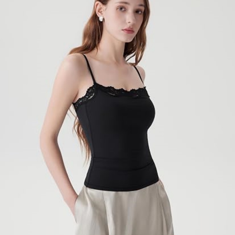 Women Double Lined Lace Cami Tank Top Summer Padded Going Out Tops Basic Shirts