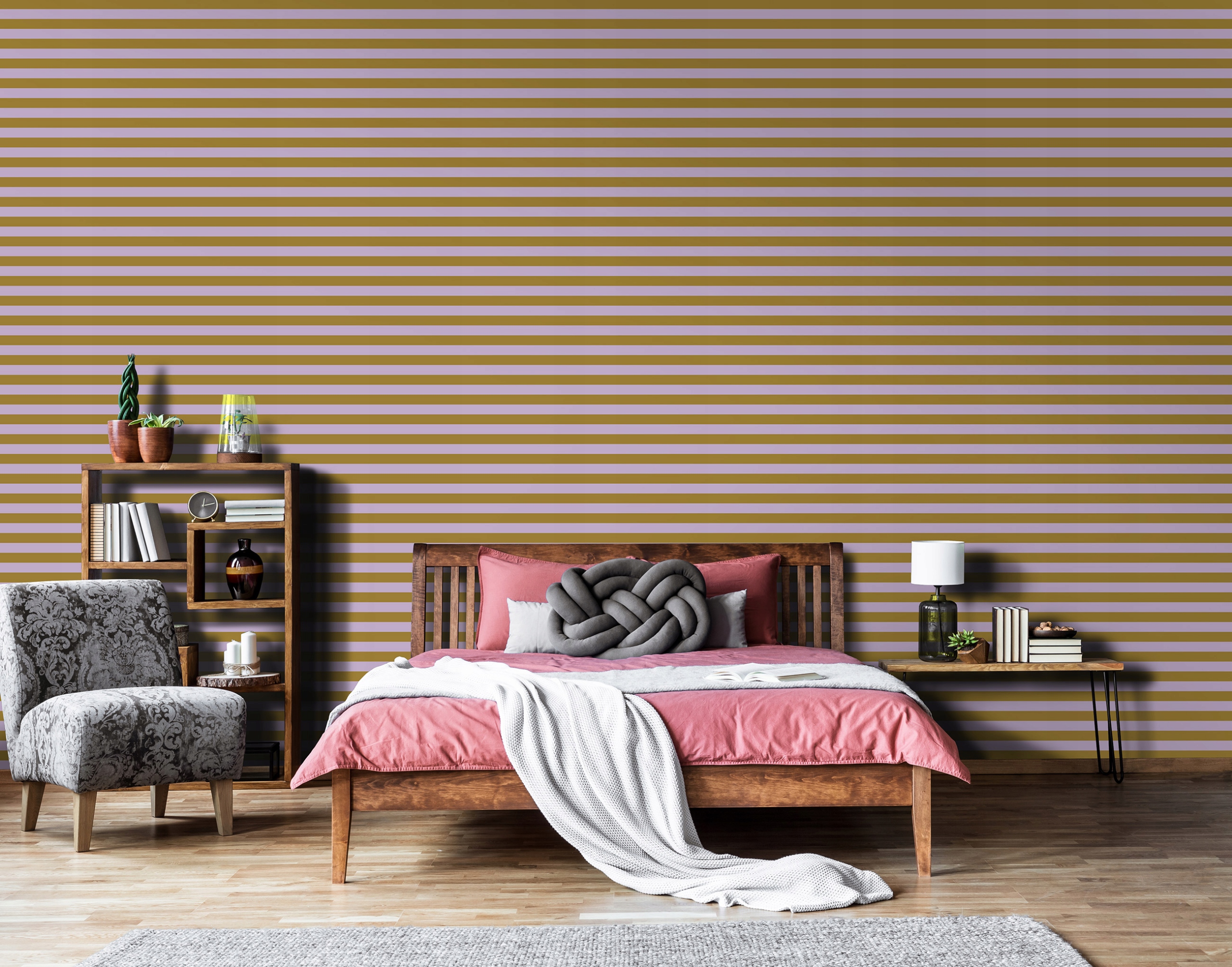 Purple striped Scandinavian wallpaper on non-woven backing for living room and bedroom walls