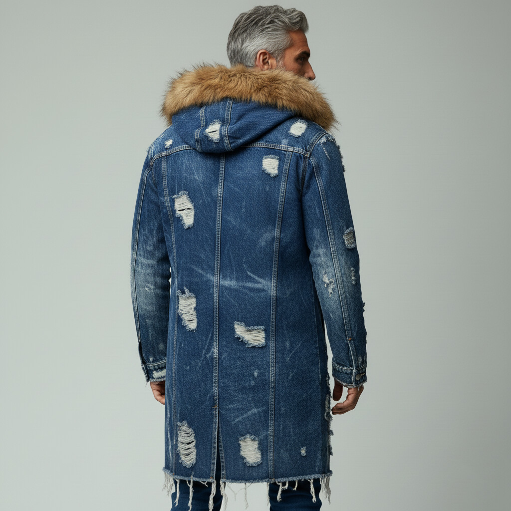 Men's Blue Ripped Raw Edge Long Sleeve Button Furry Hooded Denim Coat