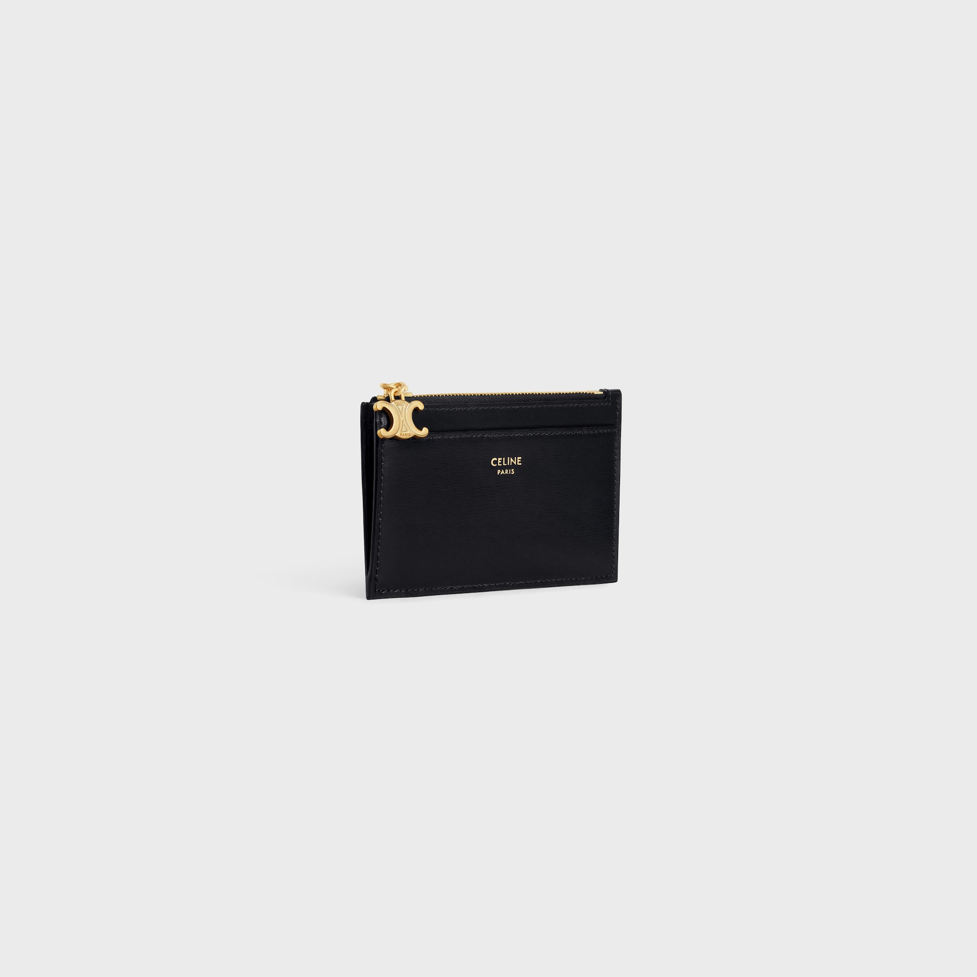 ZIPPED CARD HOLDER TRIOMPHE CHARMS IN SHINY CALFSKIN BLACK