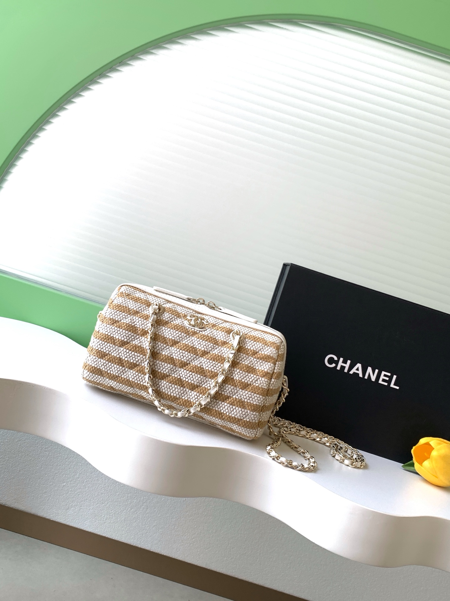 Deauville Striped Quilted Canvas Camera Bag / Vanity Case in Caramel with Light Gold-Tone Hardware - Mocuir