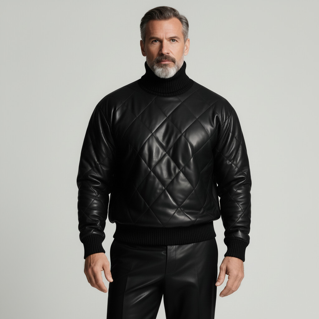 Men's Black Knit Trim Turtleneck Long Sleeve Quilted PU Leather Sweatshirt