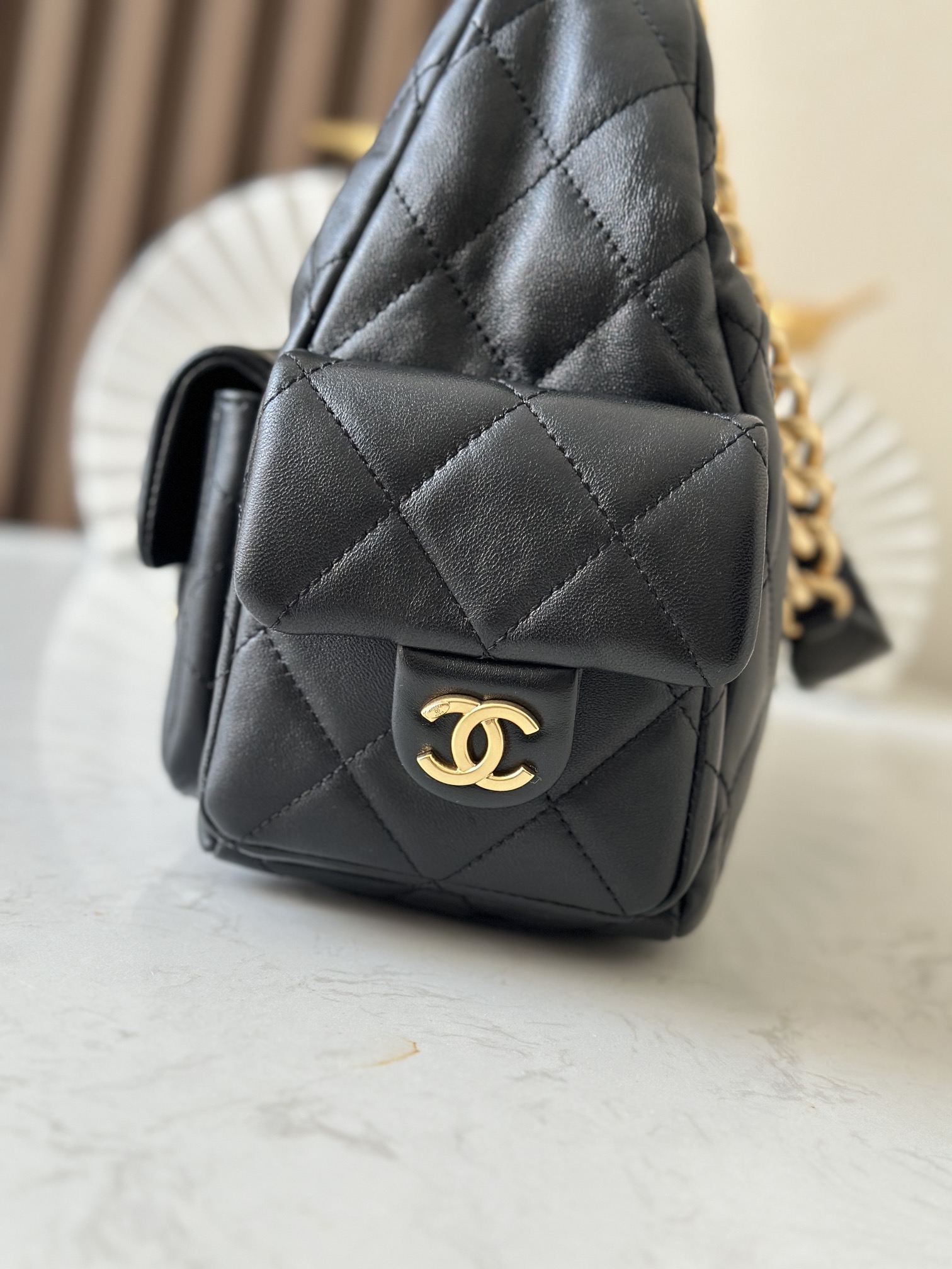 Black Quilted Lambskin Multi-Pocket Hobo Bag with Gold Hardware - Mocuir