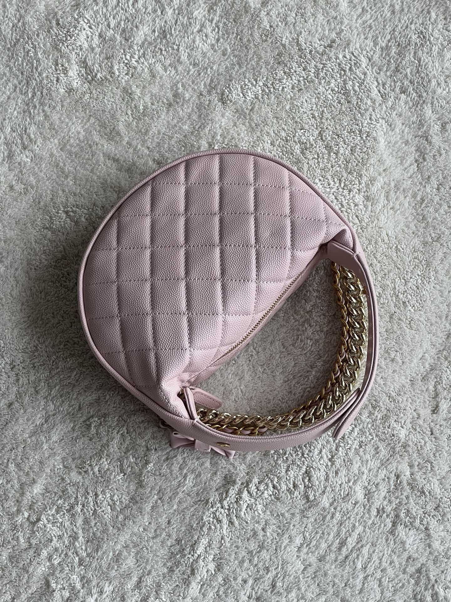 24S Half Moon Hula Hoop Bag in Pink Quilted Caviar Leather with Light Gold-Tone Hardware and Bow Detail - Mocuir