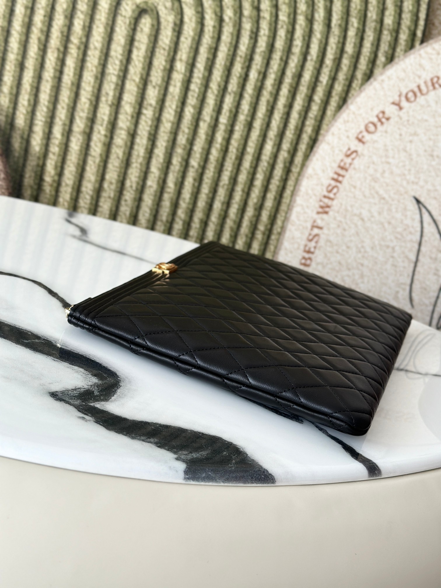 Le Boy Large Quilted Caviar Leather Clutch Document Case in Black with Gold-Tone Hardware - Mocuir