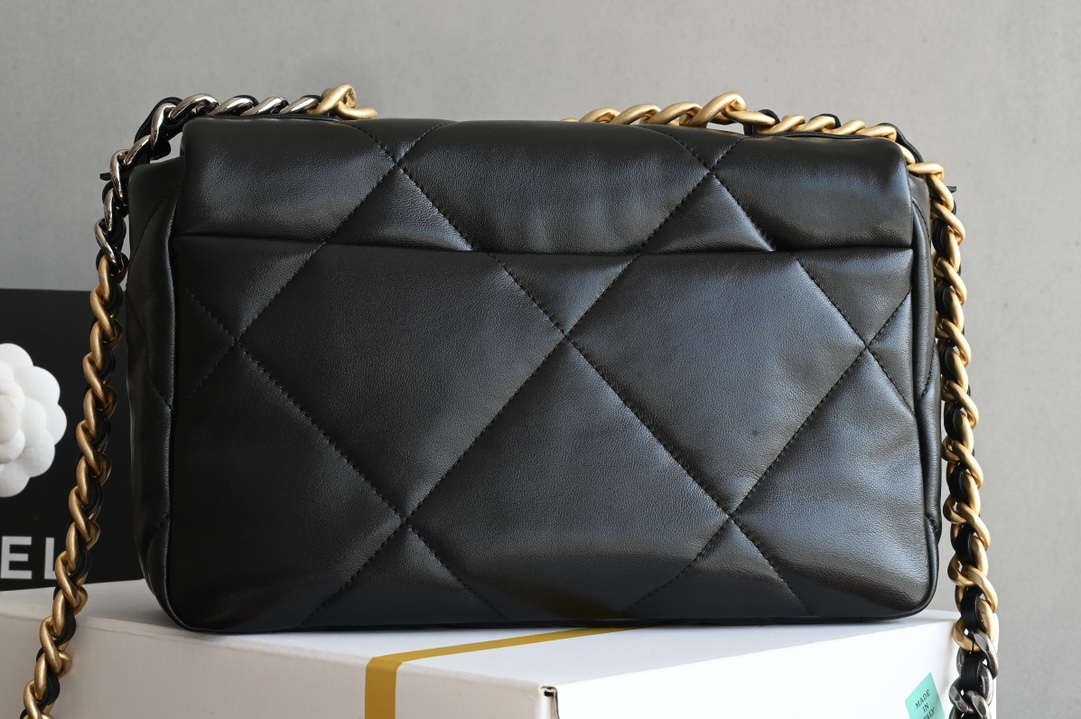 19 Large Flap Bag in Black Lambskin with Mixed Gold & Silver Hardware (Model AS1160) - Mocuir