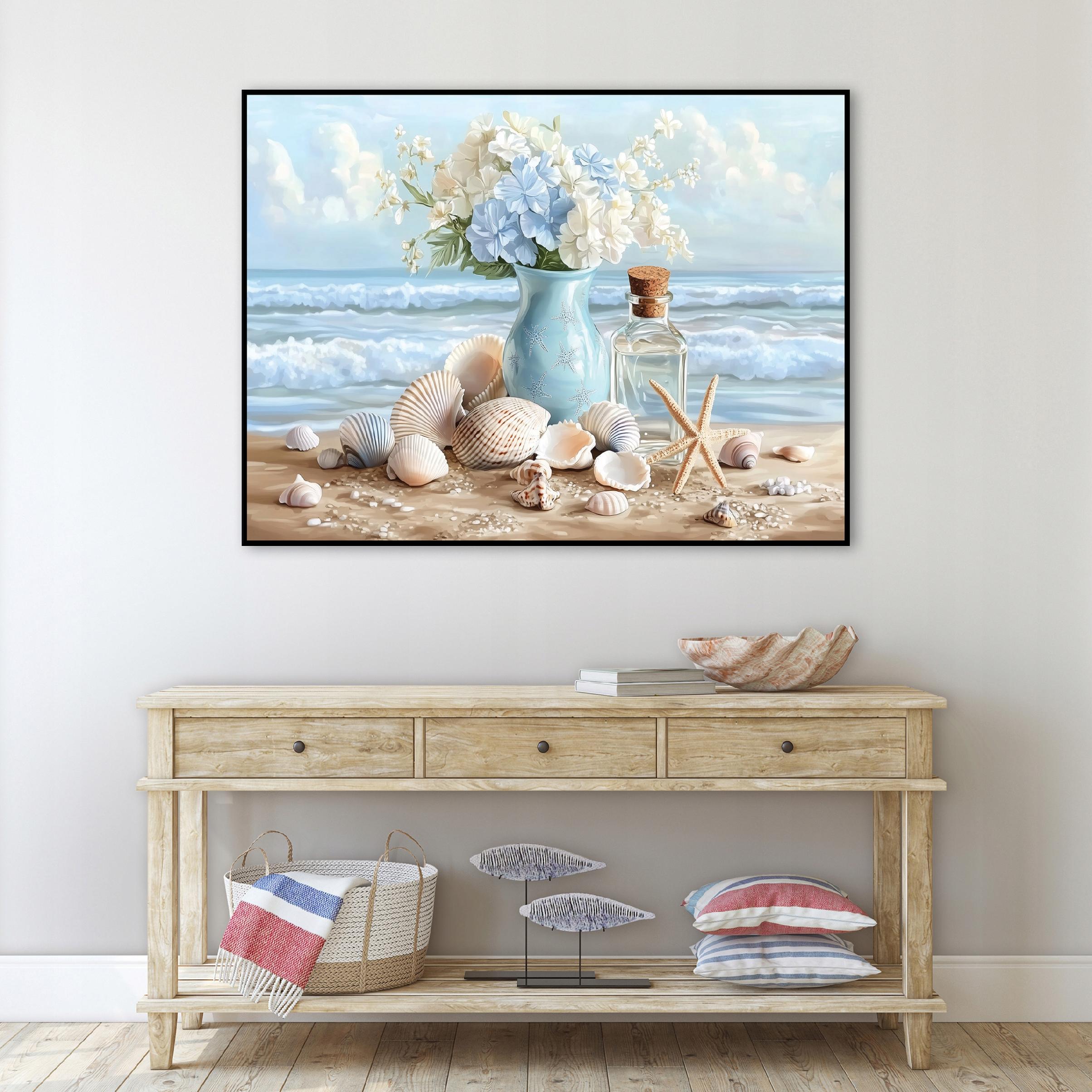 Black-framed canvas painting: sea, vase, flowers; living room, bedroom; 90x60