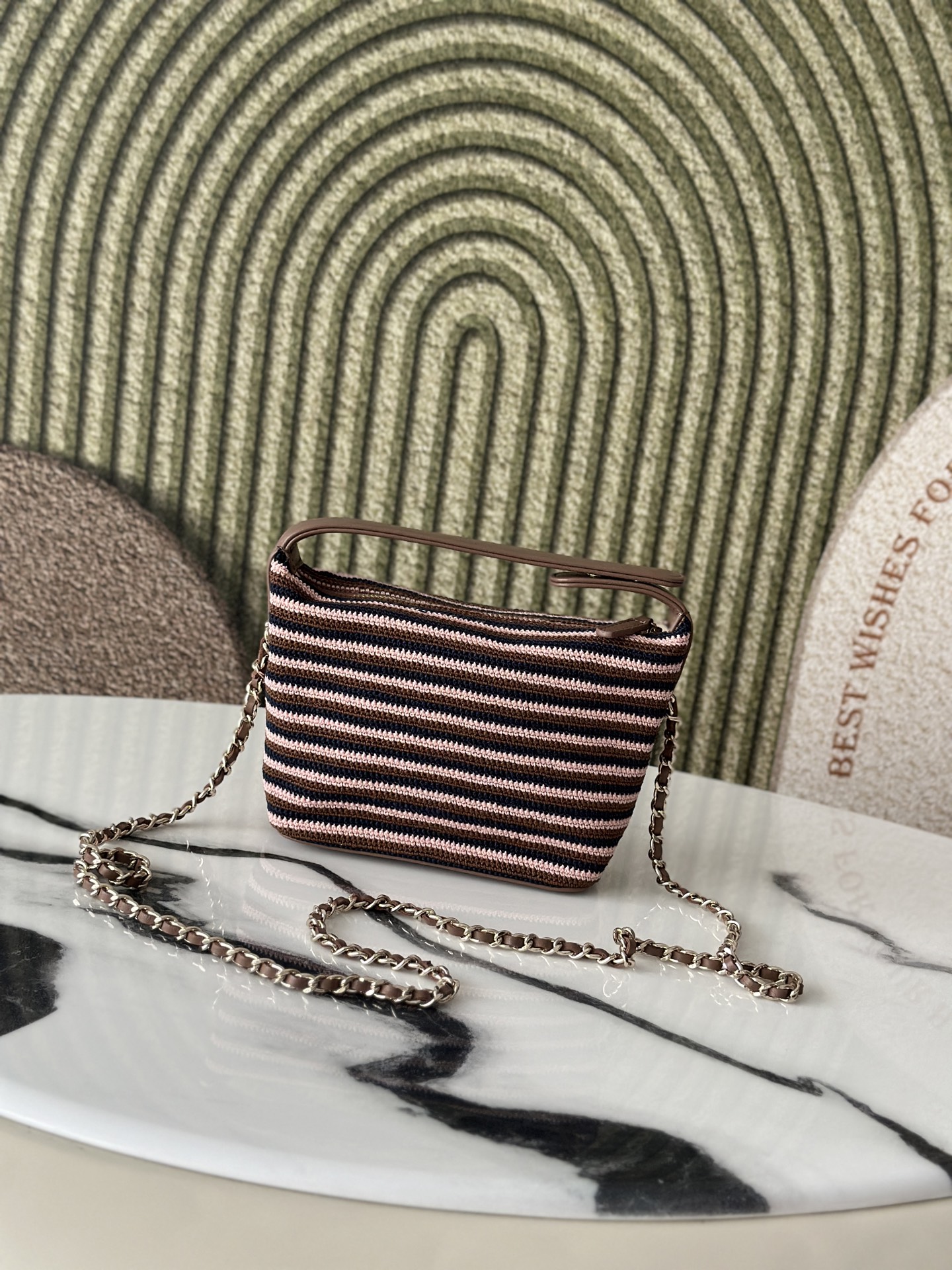 26P Cruise Mini Hobo Pouch with Chain in BrownPinkNavy Striped Crochet and Lambskin with Light Gold-Tone Hardware - Mocuir