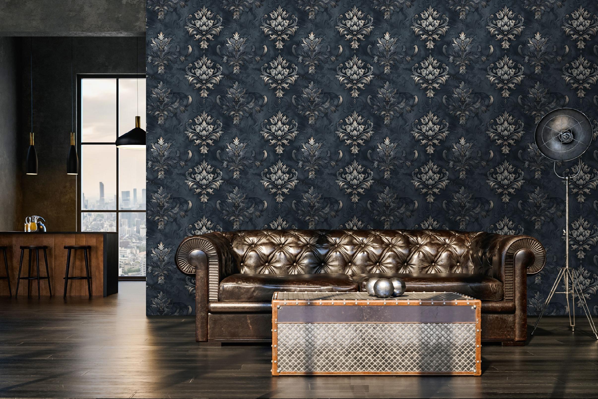 Glamorous ornamental wallpaper on non-woven backing for bedroom and living room walls, sold in rolls