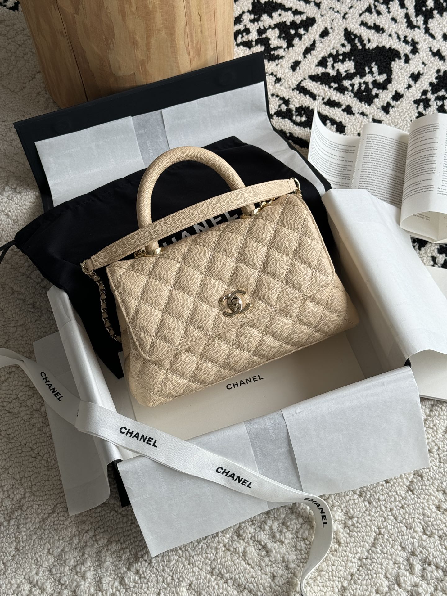 Small Coco Handle Flap Bag in Light Beige Quilted Caviar Leather with Light Gold-Tone Hardware - Mocuir