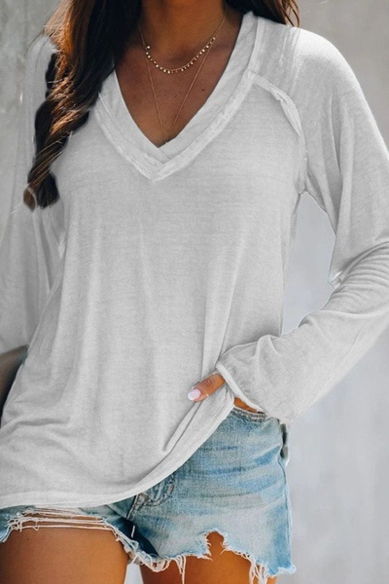 V-Neck Solid Splicing Long-Sleeve T-Shirt