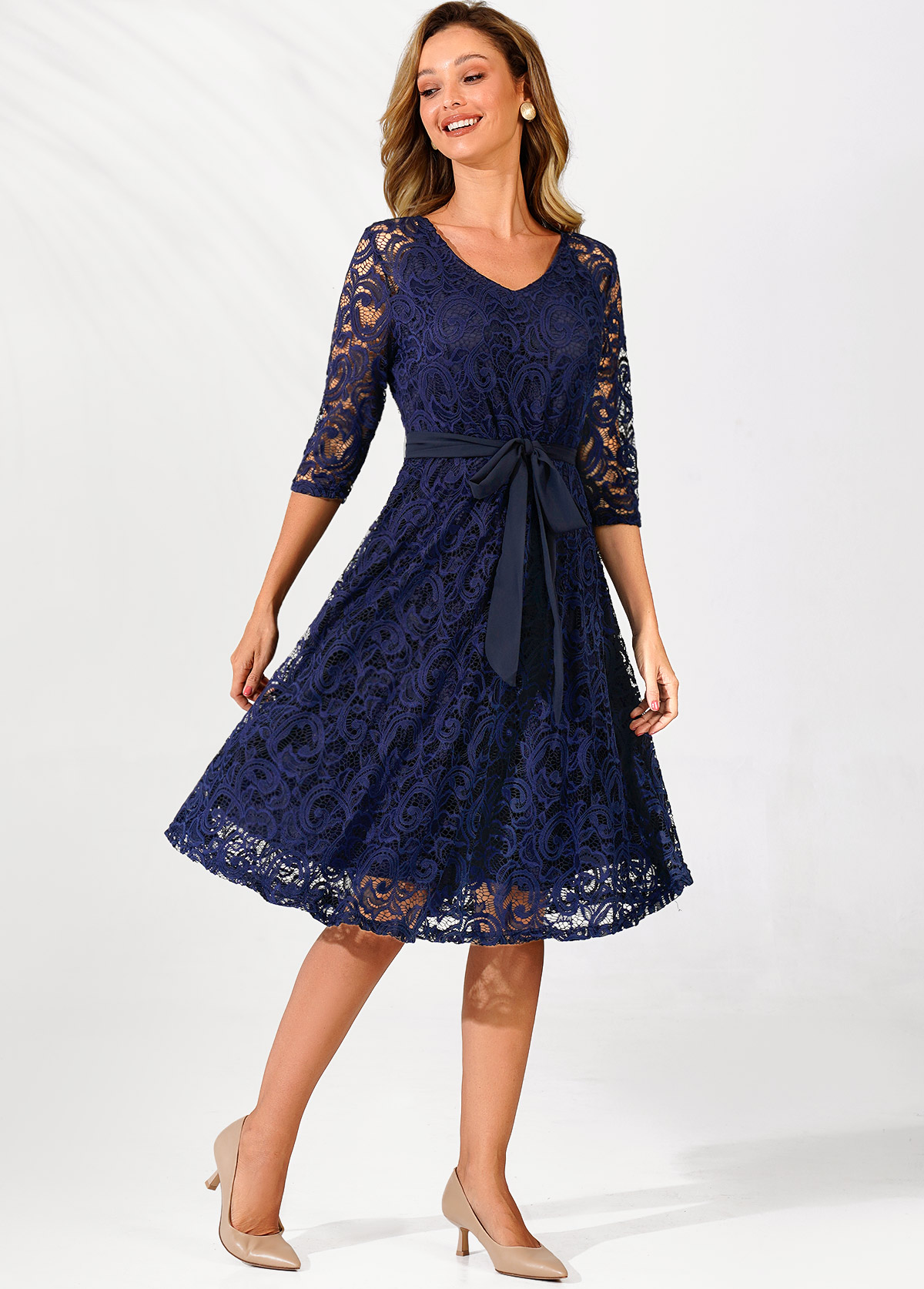 Navy Blue Belted Lace 3/4 Sleeve Dress