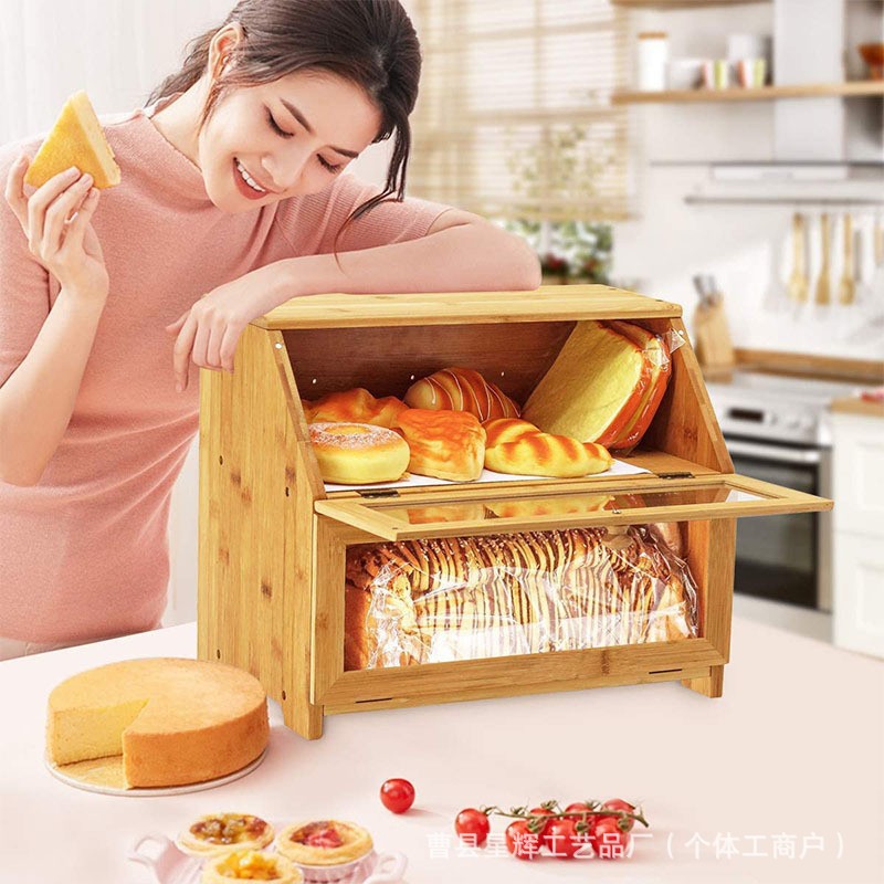 Wooden double bread box desktop kitchen baking cake storage box