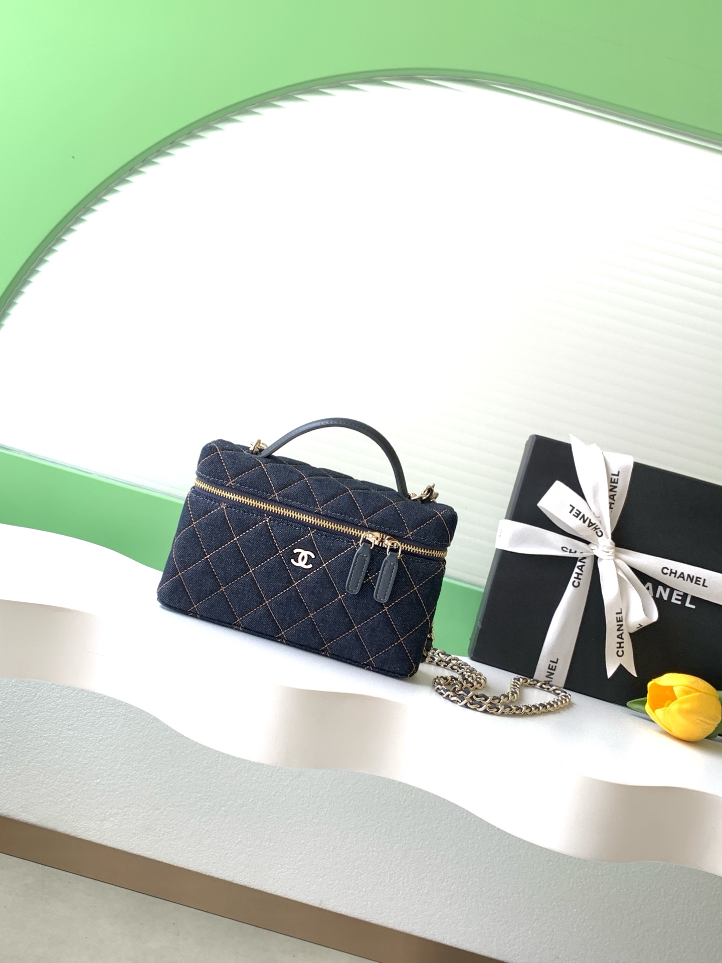 26P Pre-Collection Quilted Denim LP Top Handle Vanity Case in Dark Blue with Gold Hardware (Model AP4385) - Mocuir