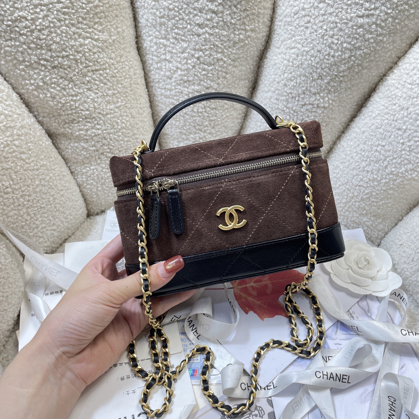 26S Slim Vanity Case with Chain in Dark Brown Suede & Black Lambskin with Gold-Tone Hardware - Mocuir