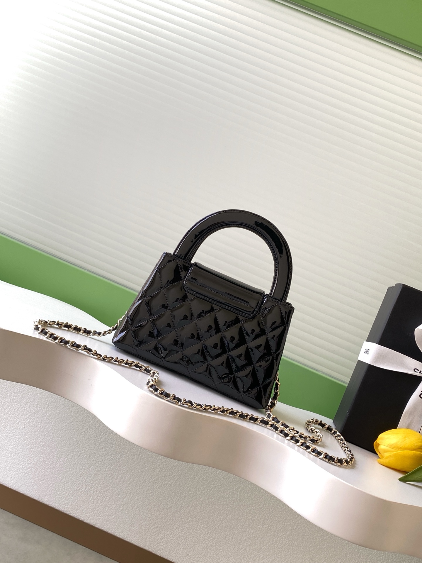 26C Mini Top Handle Flap Bag (Kelly Bag) in Black Quilted Patent Calfskin with Light Gold-Tone Hardware - Mocuir