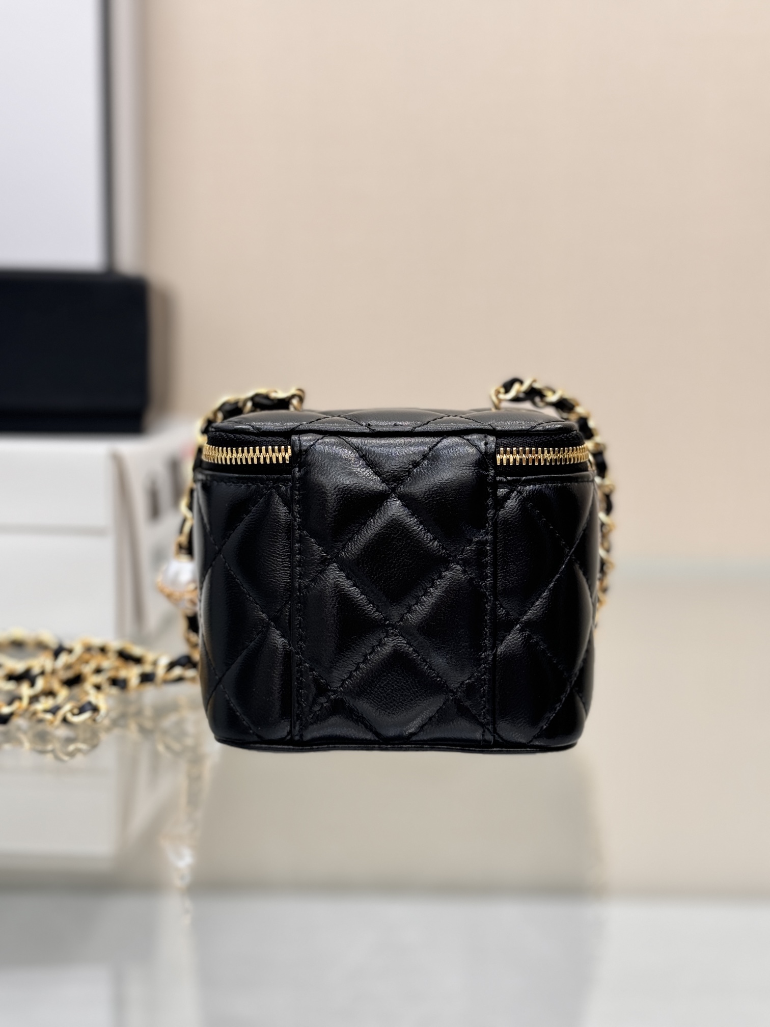 Long Vanity Case with Chain & Pearl Detail in Black Quilted Lambskin with Light Gold-Tone Hardware - Mocuir