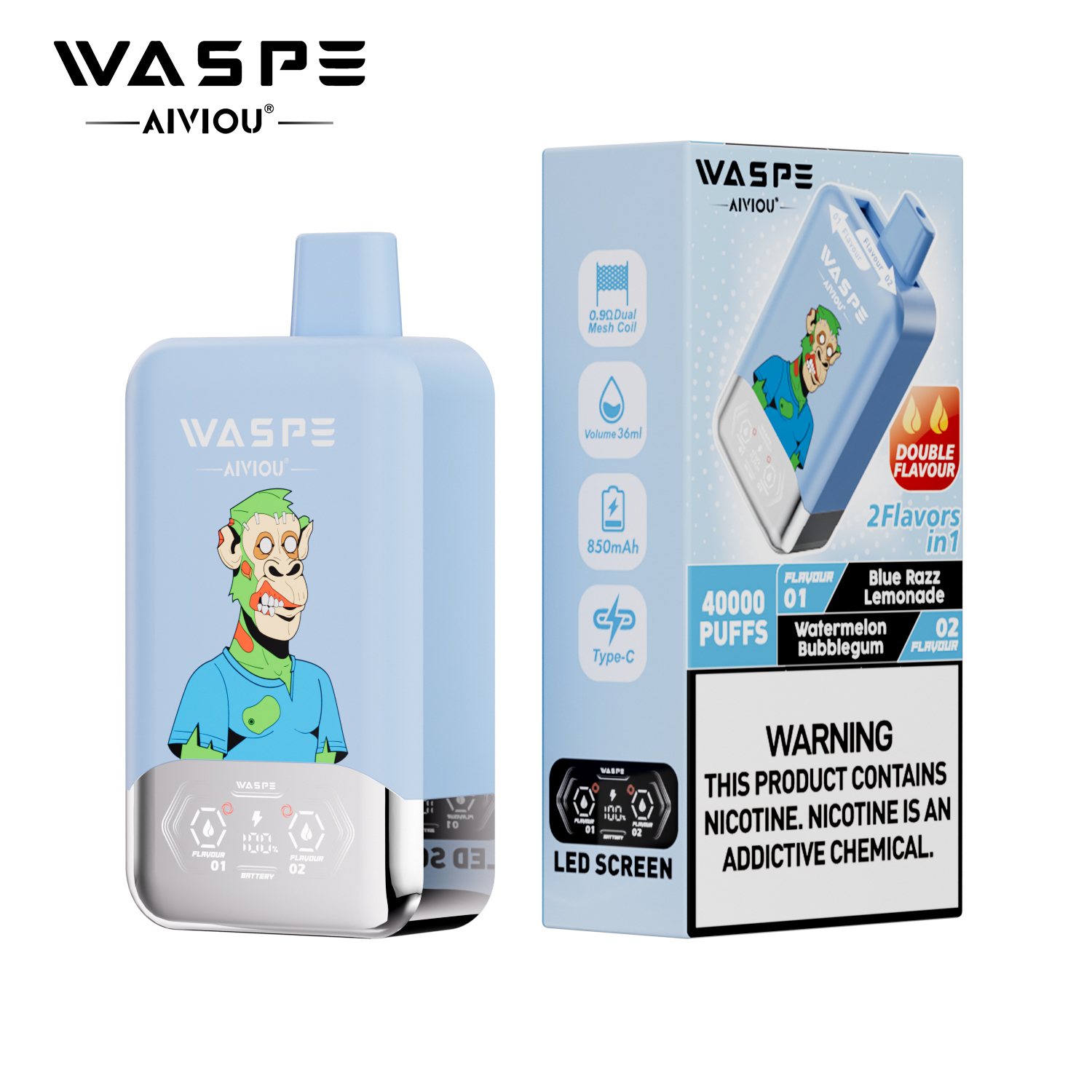 （3 pieces）WASPE 40000 40K Puffs Double Taste LCD Display Disposable Vape