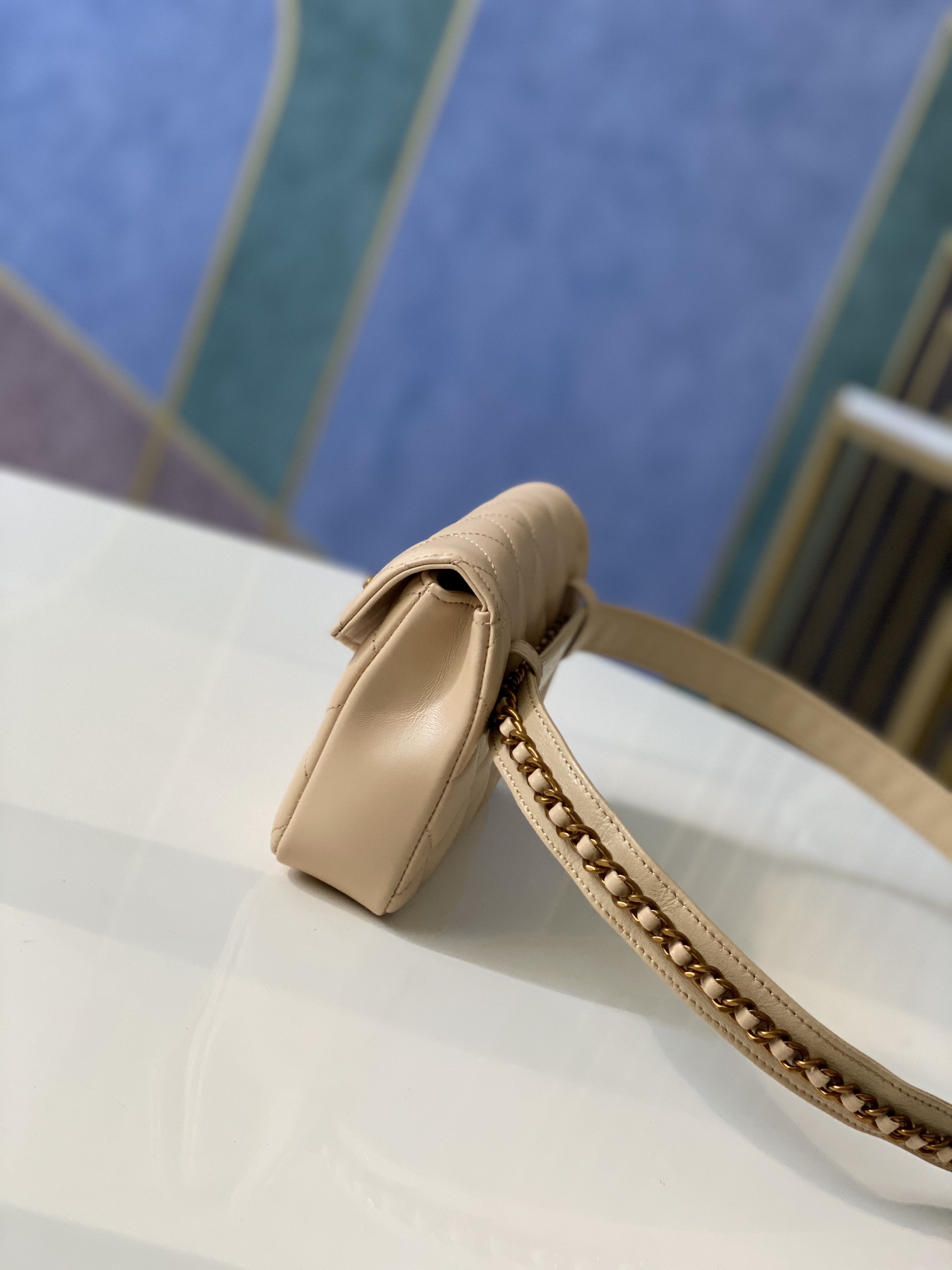 Classic Quilted Lambskin Waist Bag / Belt Bag in Beige with Vintage Gold-Tone Hardware - Mocuir