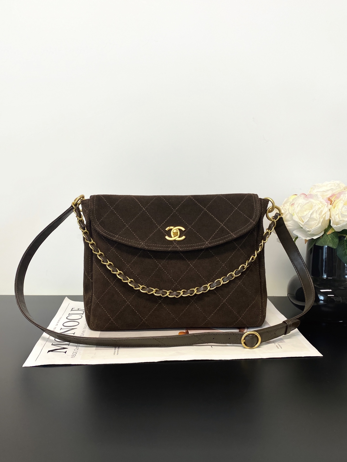 26C Hobo Flap Bag in Dark Brown Suede Calfskin with Gold Hardware (Model AS5886) - Mocuir