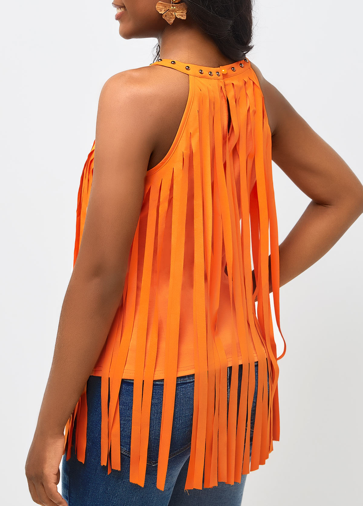 Orange Bib Neck Tassel Sleeveless Tank Top