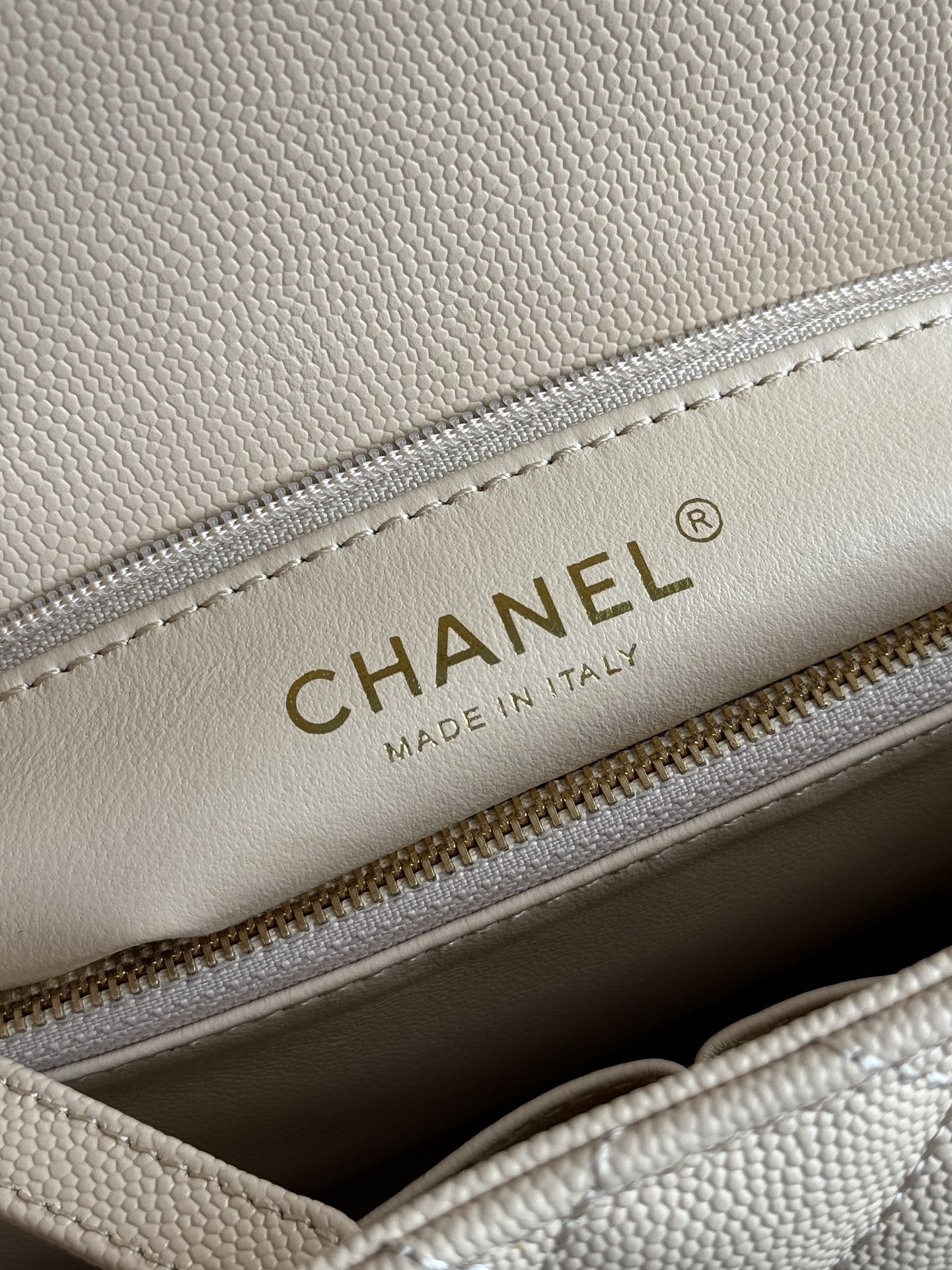 Small Coco Handle Flap Bag in Light Beige Quilted Caviar Leather with Light Gold-Tone Hardware - Mocuir