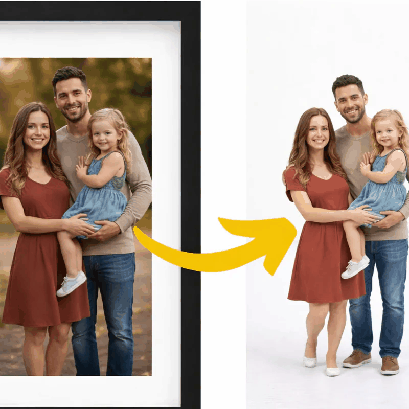Custom family 3D figurine beside a framed portrait
