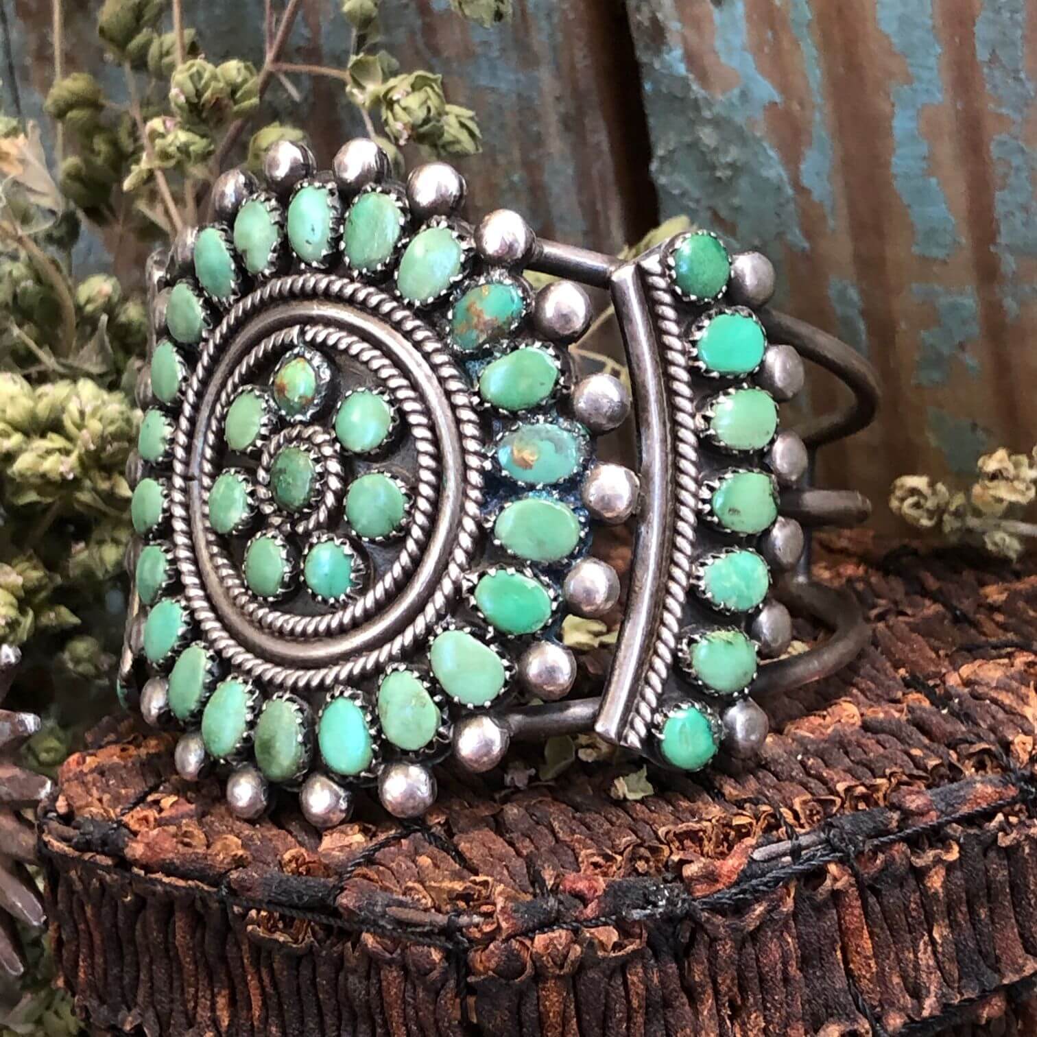 Vintage Mint Green Turquoise Rosette Bracelet Sterling Silver