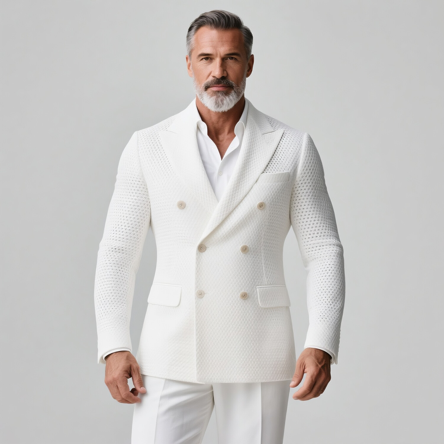 Men's Peaked Lapel Double Breasted Long Sleeve Hollow Out Knit Blazer