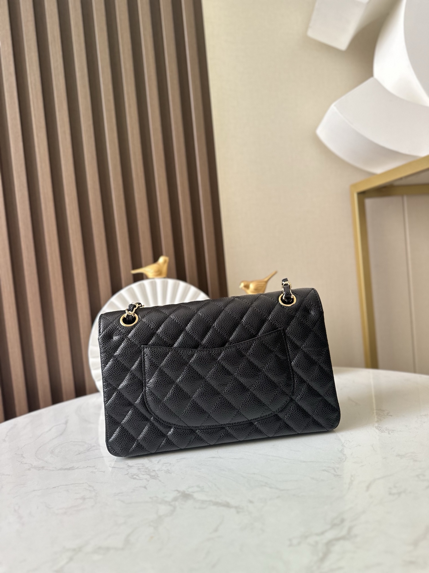 Black Caviar Quilted Medium Classic Flap Bag with Gold Hardware - Mocuir