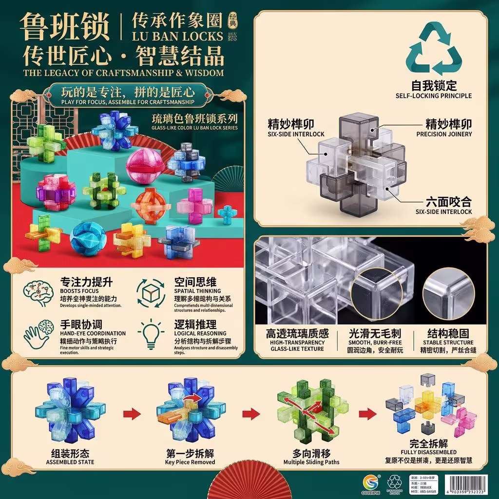 Glazed Color Luban Lock 12-Piece Puzzle Set | Transparent Mortise and Tenon Brain Teasers 琉璃色鲁班锁 12 件套装 | 透明榫卯益智解锁玩具
