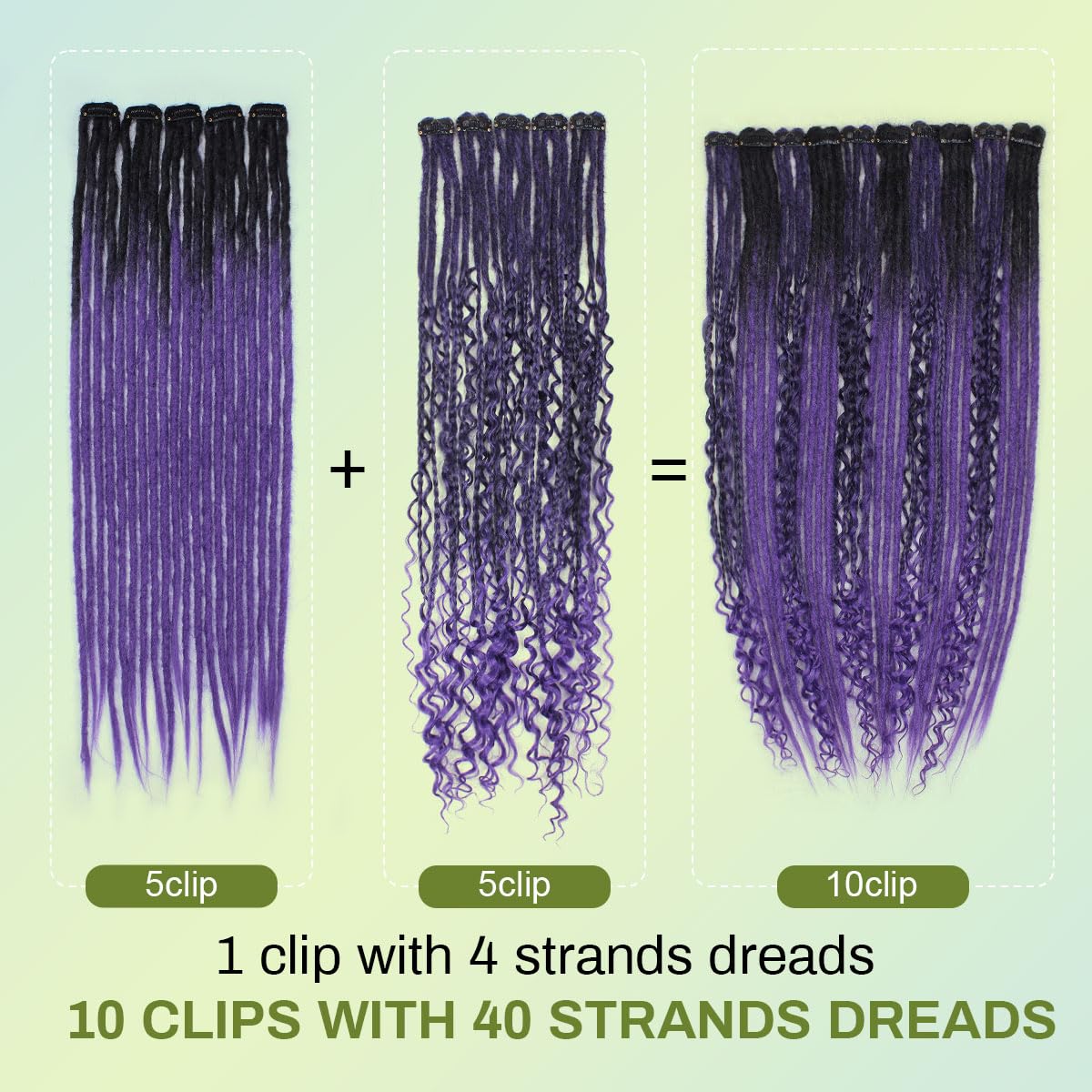 10PCS Clip in Dreadlock Extensions Full Sets, 24 inch Synthetic Clip Dreads Extensions Handmade Soft(Black/purple, Clip-in 40 Strands)