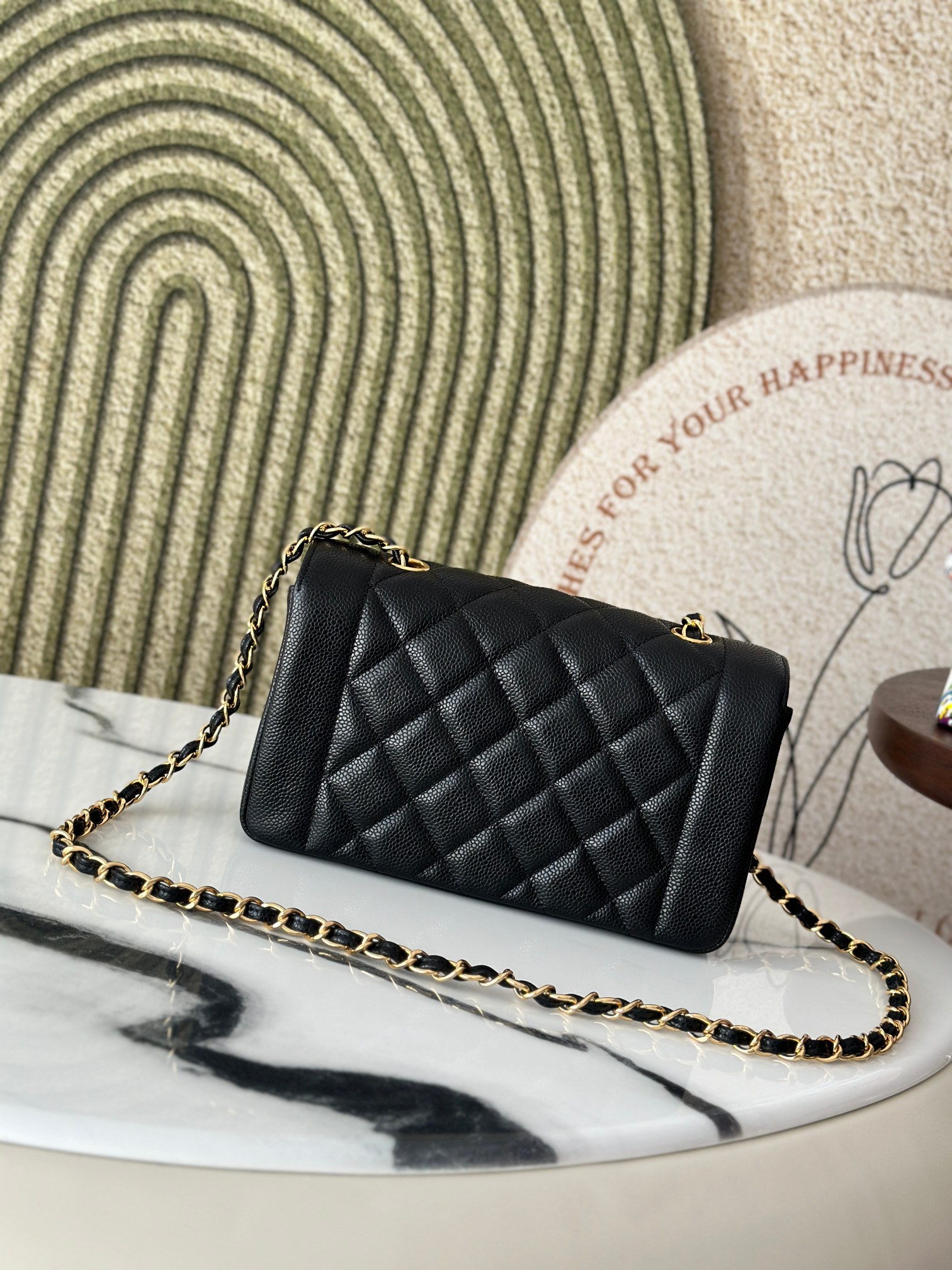 Black Caviar Quilted Medium Flap Bag with Gold Hardware - Mocuir