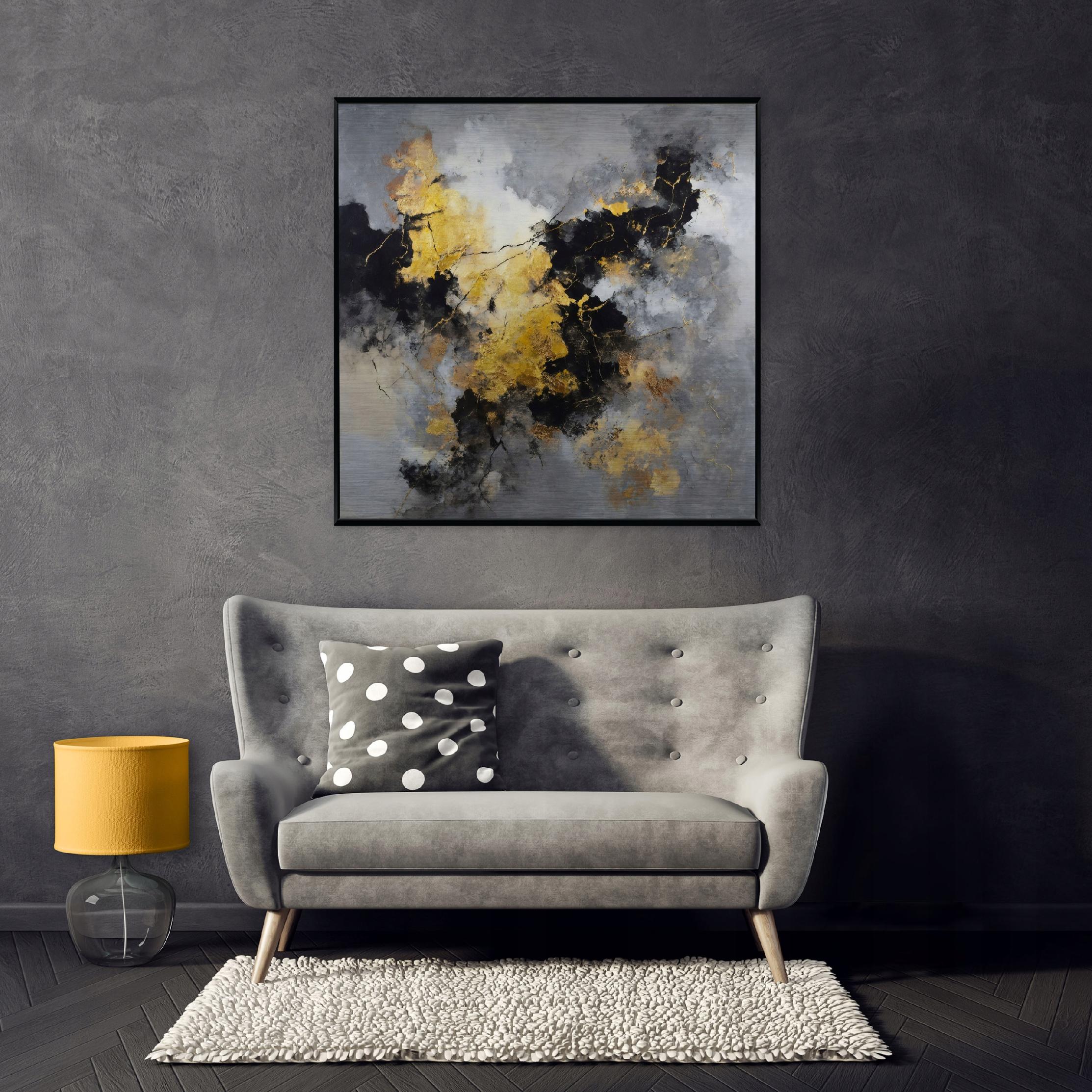 Picture in a black frame, metal abstraction, concrete, gold, living room, bedroom, 30x30