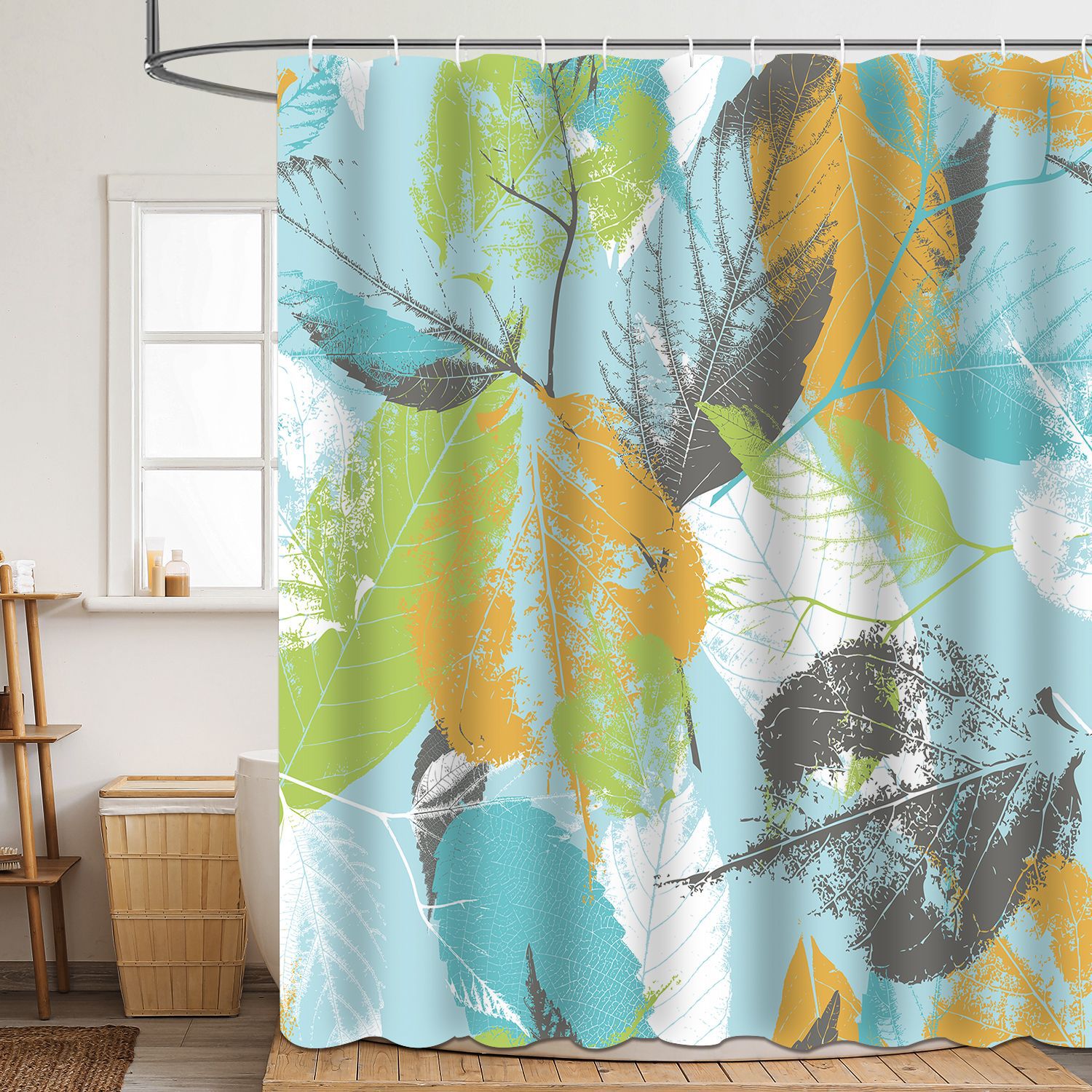 Shower curtain green plant leaf polyester 3d digital printing waterproof and mildew-proof shower bathroom partition