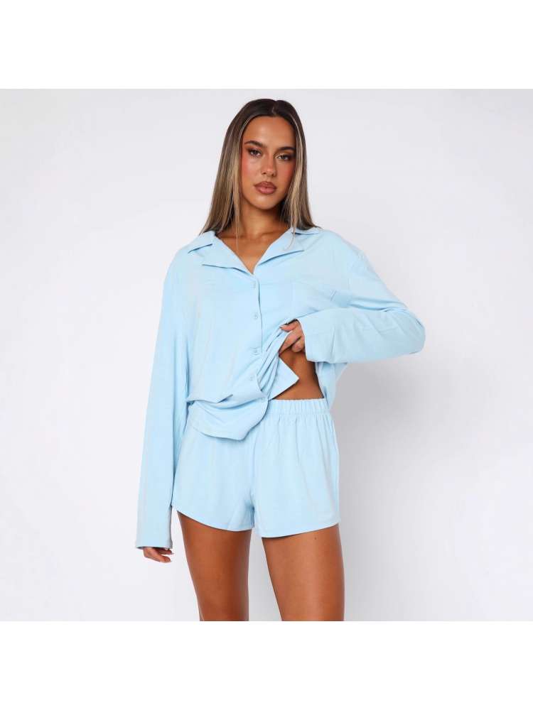 Pattern Pure Color Buckle Cozy Pajamas Sets