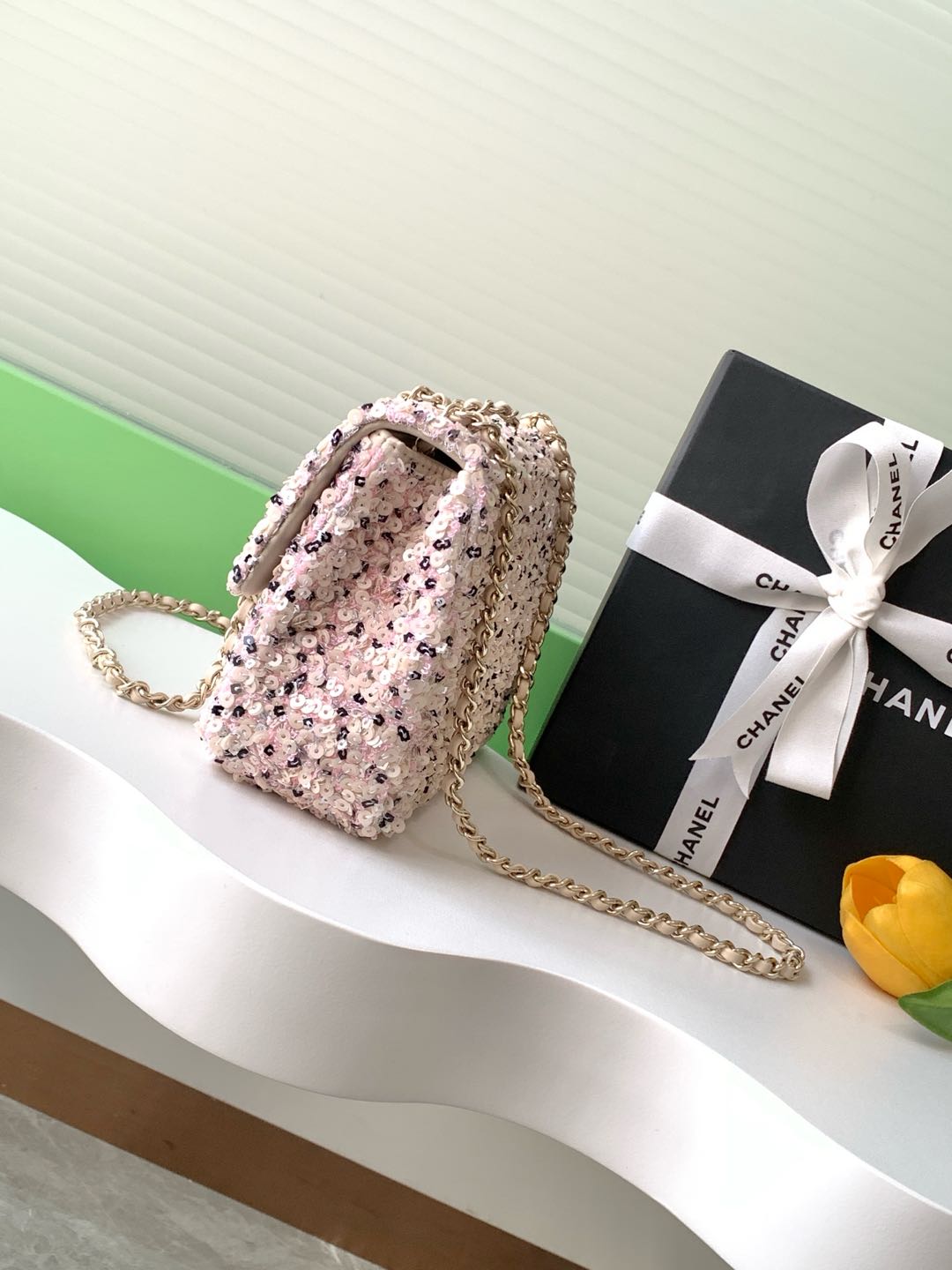 Classic Flap Mini in Light Pink Sequin - Mocuir