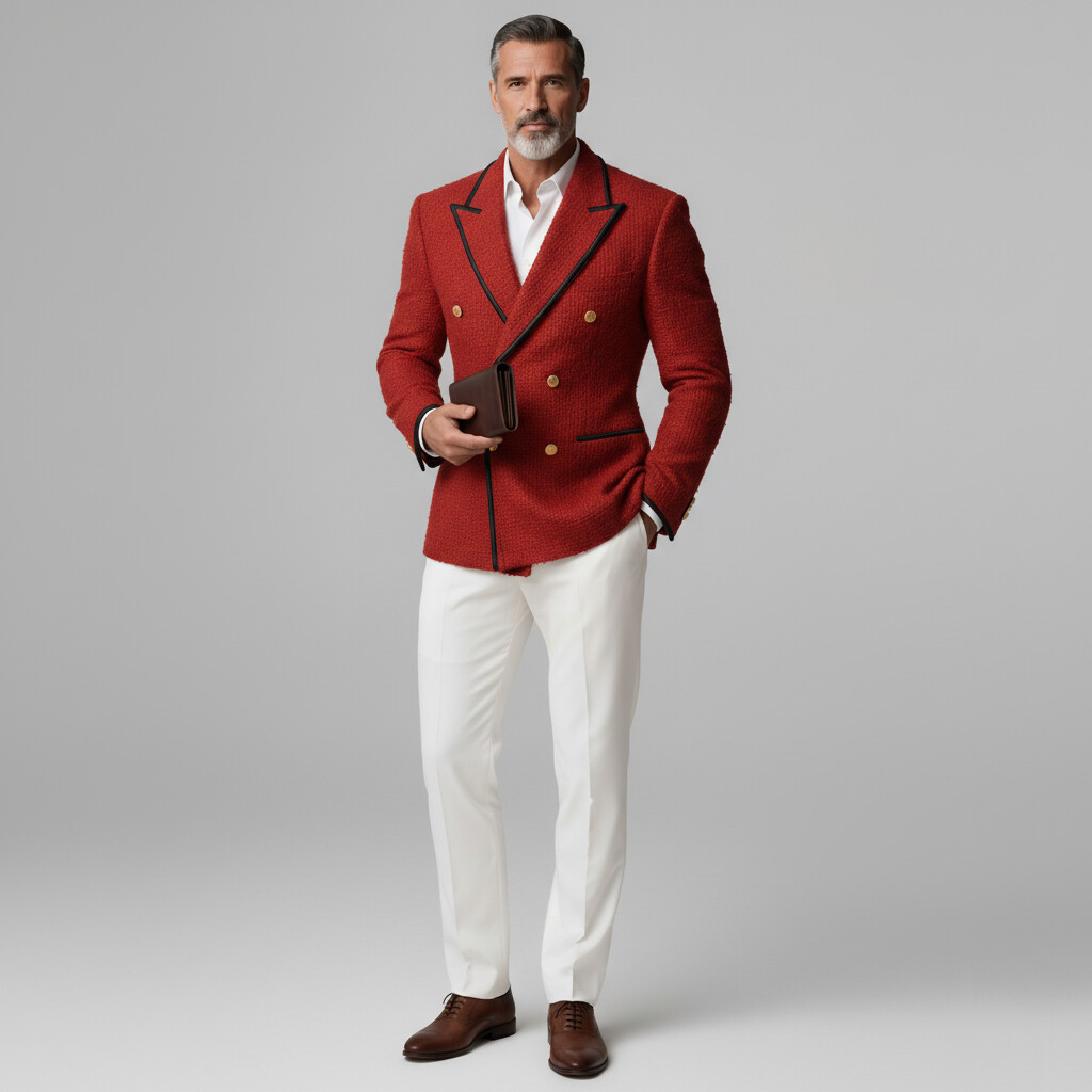 Men's Business Red Textured Peak Lapel Double Breasted Long Sleeve Contrast Binding Blazer