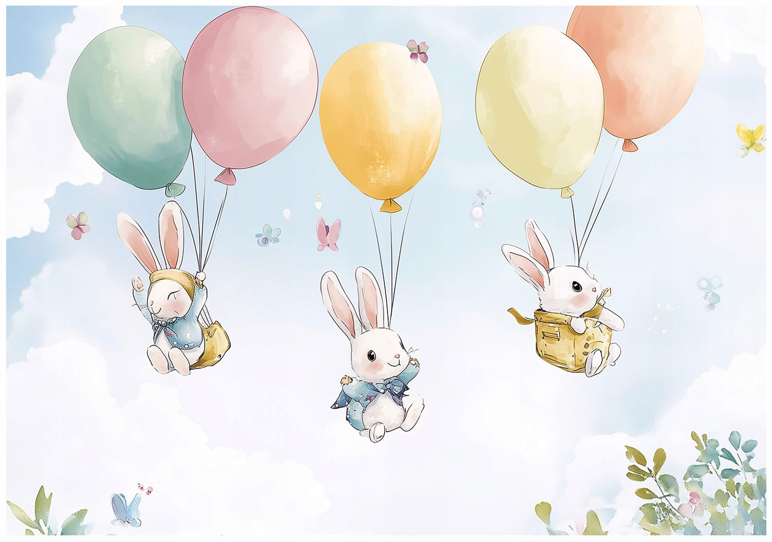 Wall mural for girls, rabbits and clouds, wallpaper for children's room,