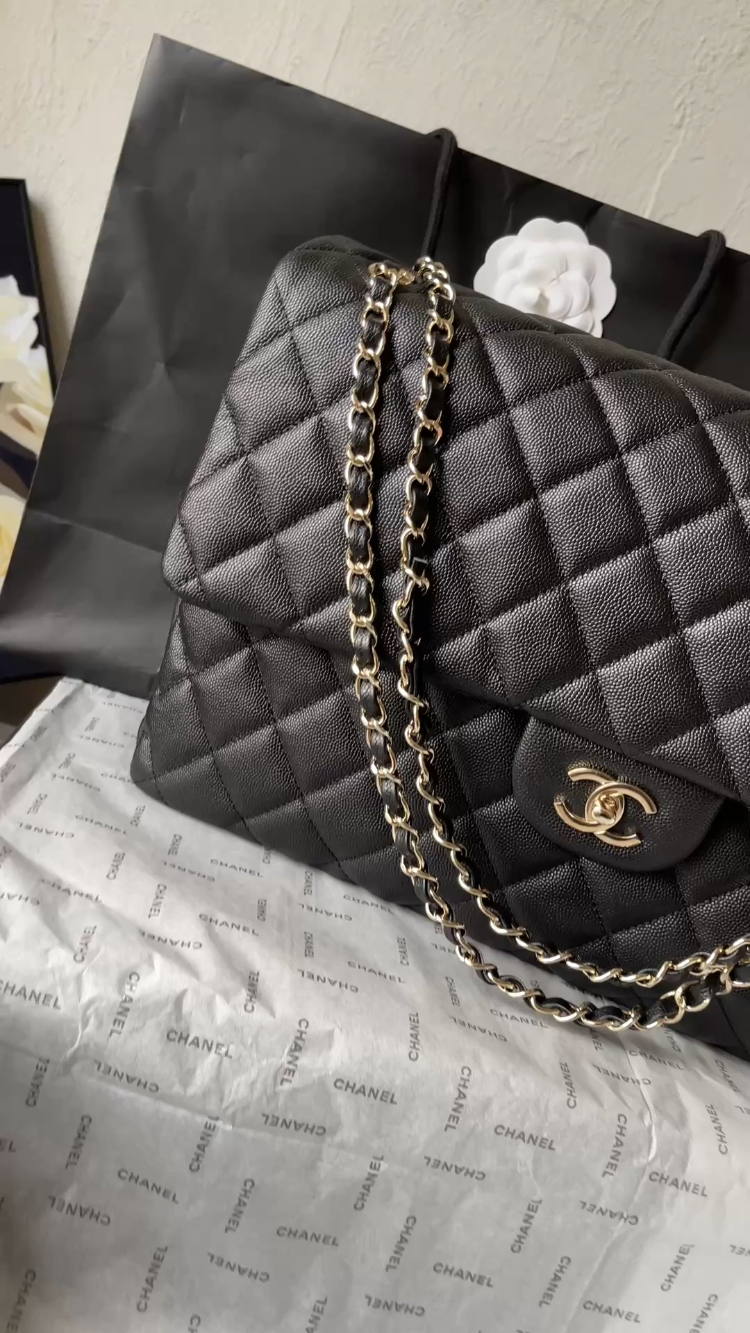 Classic Maxi Single Flap Bag in Black Quilted Caviar Calfskin with Light Gold-Tone Hardware - Mocuir
