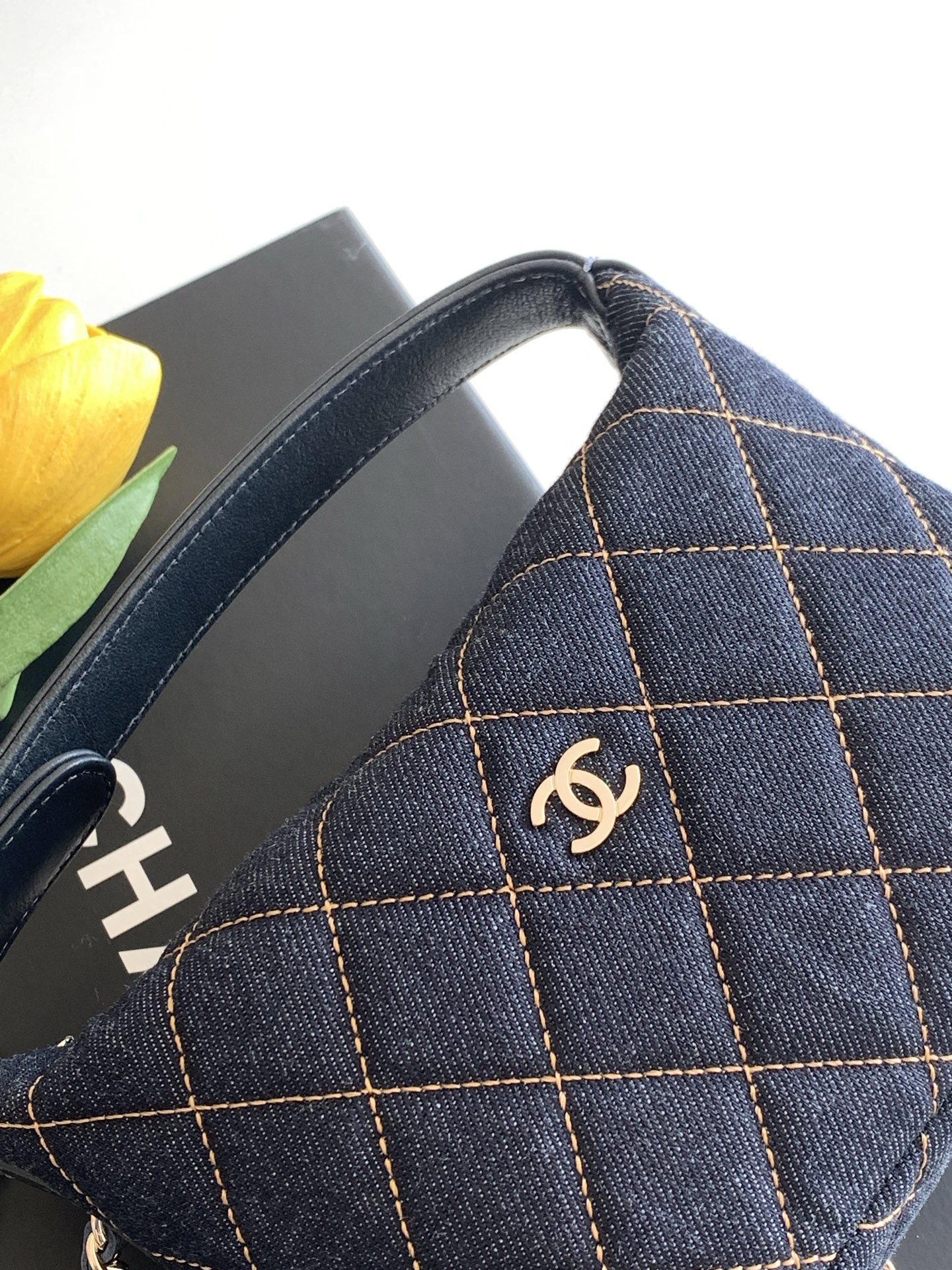 26S Spring-Summer Quilted Denim Hobo Bag with Handle in Dark Blue with Gold Hardware (Model AS5653) - Mocuir