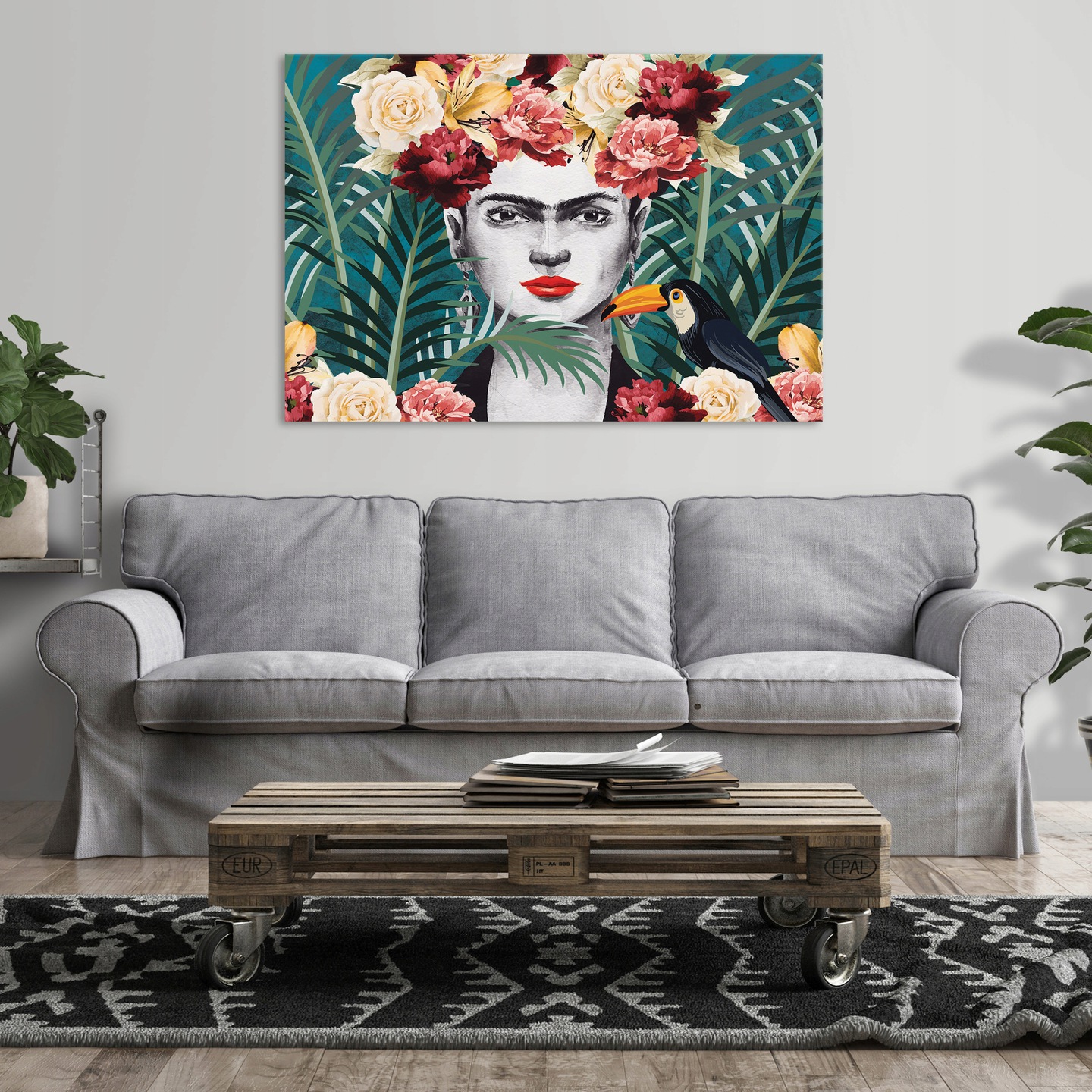 Canvas painting of Frida Kahlo leaves flowers 60x40
