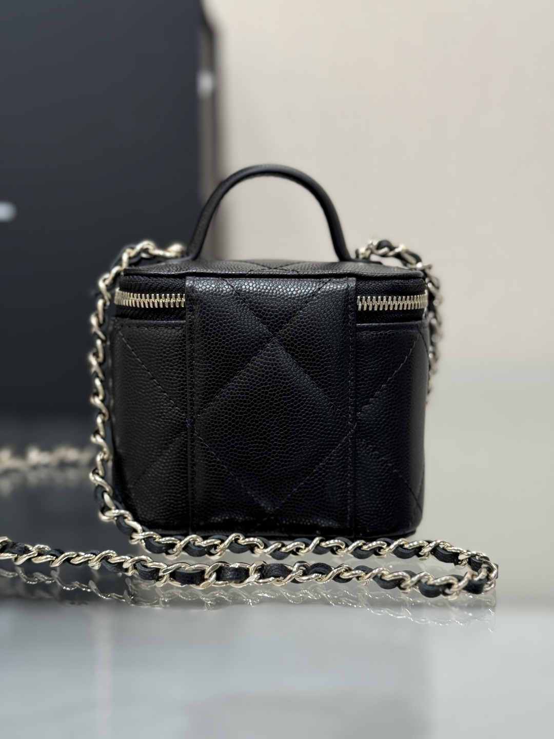 Mini Top Handle Vanity Case (AS5993) in Black Quilted Grained Calfskin (Caviar) with Antique Gold-Tone Hardware - Mocuir