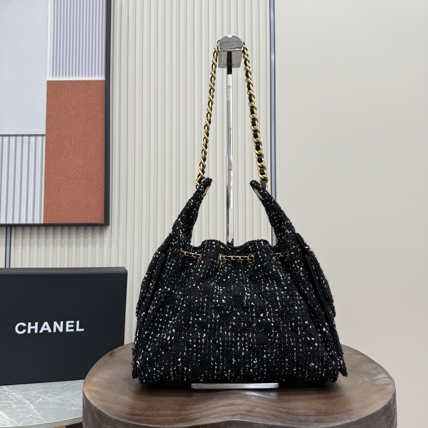 25 Small Hobo Bag (AS5293) in Black Tweed with Gold-Tone Hardware, 25S Spring-Summer Collection - Mocuir