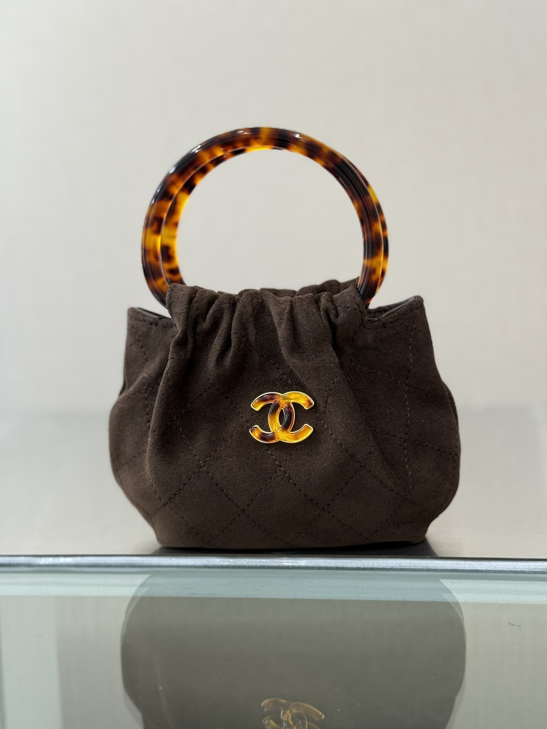 26C Croisière Small Hobo Bag (Mini Drawstring Lucky Bag) in Brown Suede Calfskin with Tortoiseshell Plexi Handle & Gold Hardware (Model AS6022) - Mocuir