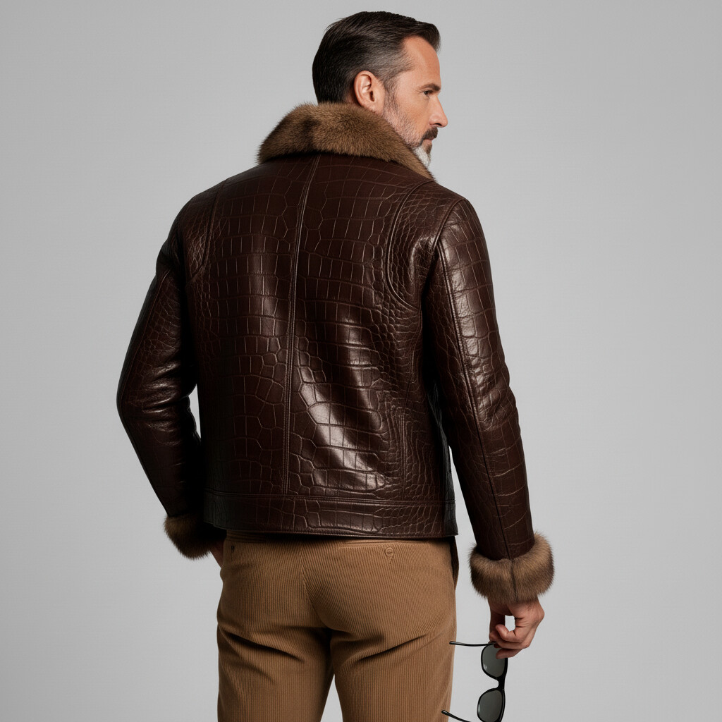 Men's Brown Fur Collar Long Sleeve Zipper Pocket Crocodile PU Leather Jacket