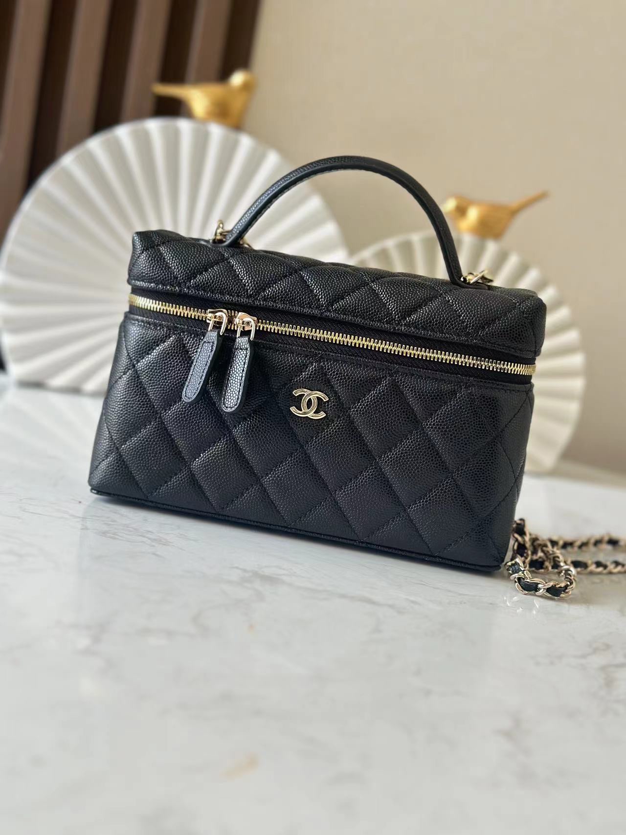 Black Caviar Quilted Long Vanity Case (LP Style) with Gold Hardware - Mocuir