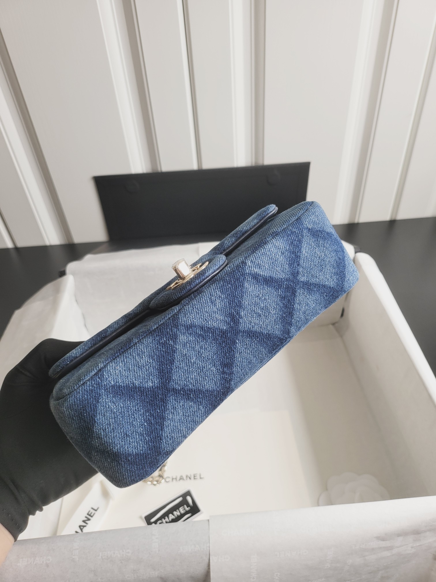 25C Medium Classic Flap Bag (AS4067) in Blue Quilted Washed Denim with Light Gold-Tone Hardware - Mocuir