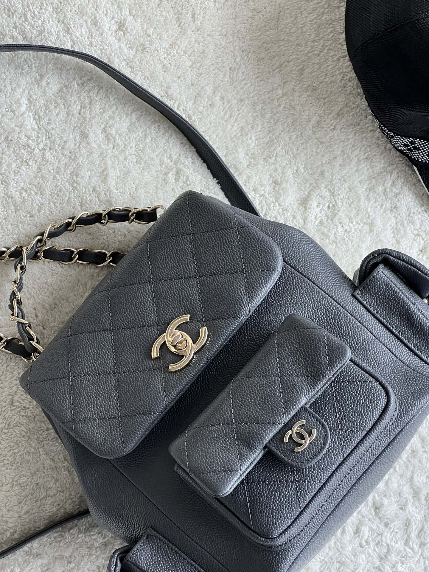 23K Duma Tank Backpack in Dark Grey Quilted Caviar Leather with Light Gold-Tone Hardware - Mocuir